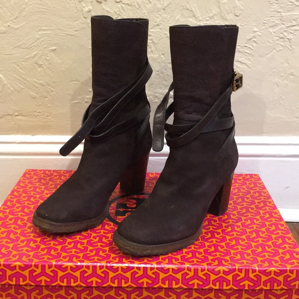 Dark Coconut Brown Tory Butch Winter Heeled Boots.